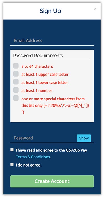 Example screenshot of the Gov2Go Pay screen to log in or create an account.