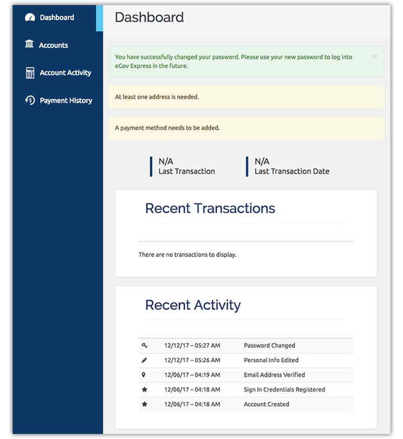 Example screenshot of the Gov2Go Pay Dashboard.