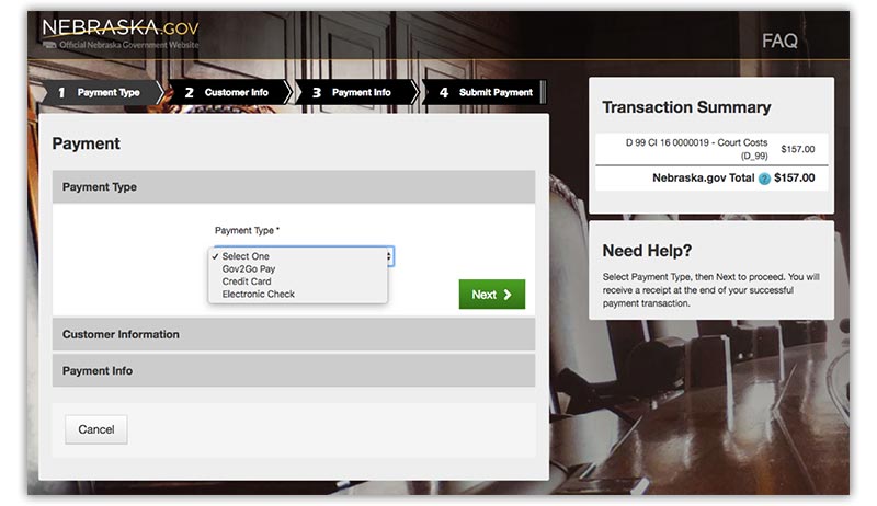 Example screenshot of the Payment Type area where you can select Gov2Go Pay.