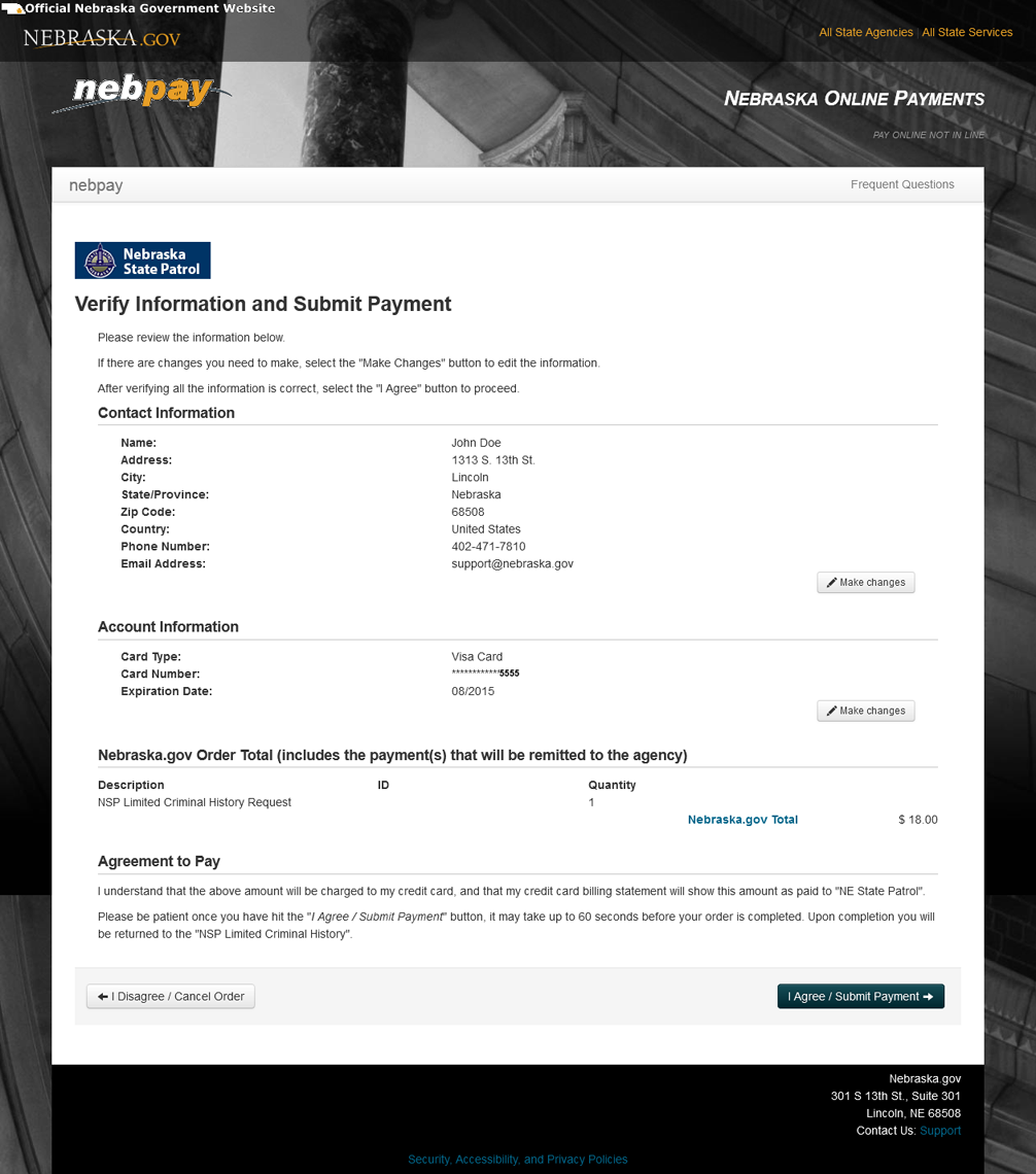 Screenshot of the Nebpay payment page of the Criminal History Request Service
