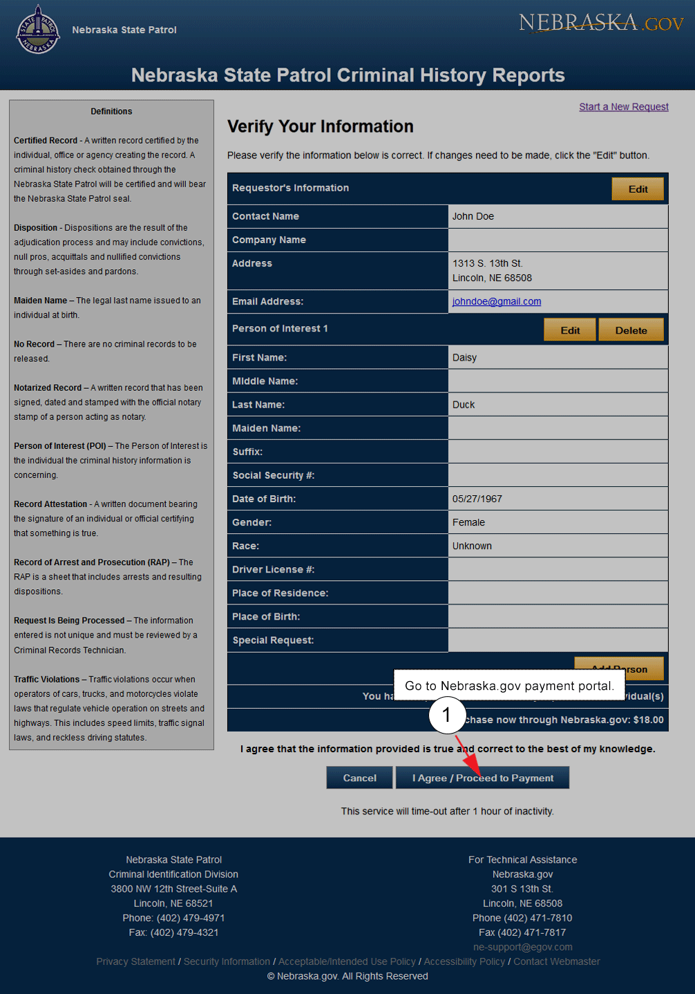 Screenshot of the request confirmation and edit page of the Criminal History Request Service