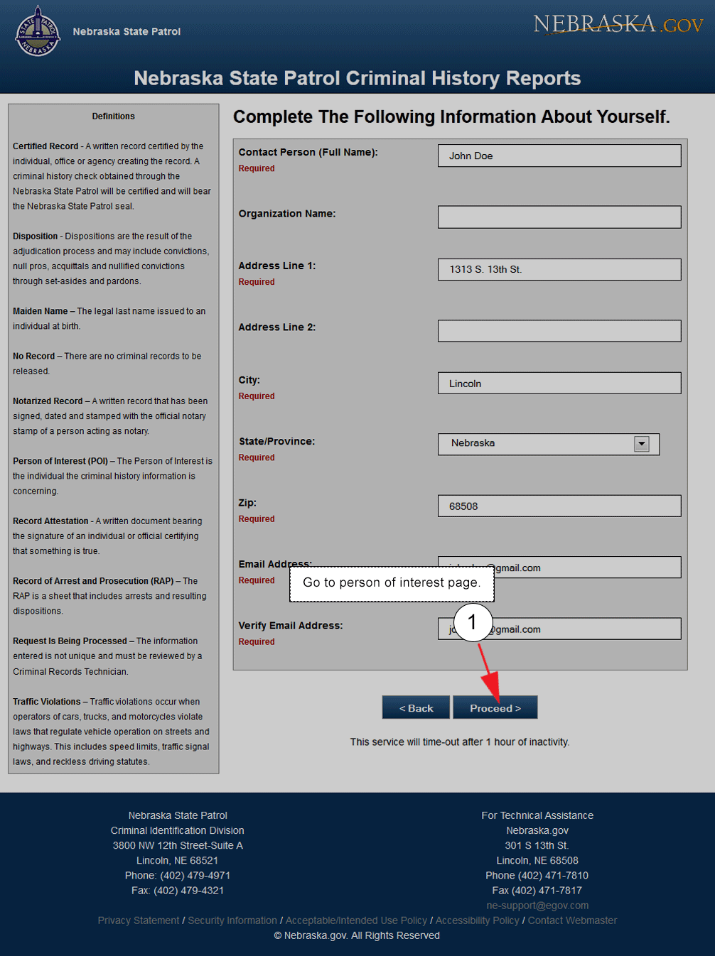 Screenshot of the requestor information page of the Criminal History Request Service