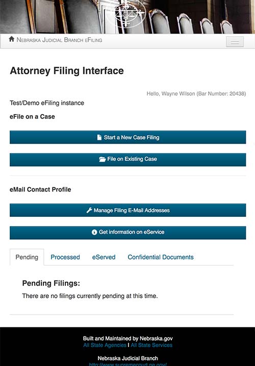Example screenshot of the Nebraska Judicial Branch eFiling screen to start a new case filing.