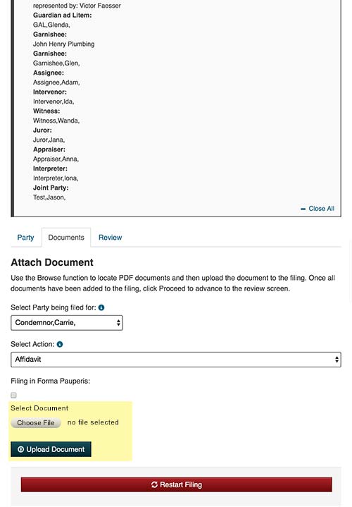Example screenshot of the Nebraska Judicial Branch eFiling screen to upload a new document.