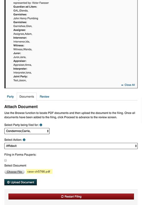Example screenshot of the Nebraska Judicial Branch eFiling screen to select and upload the document.