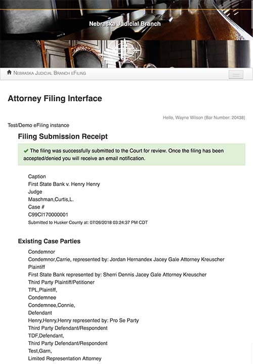 Example screenshot of the Nebraska Judicial Branch eFiling screen that shows that the filing submission was successful.