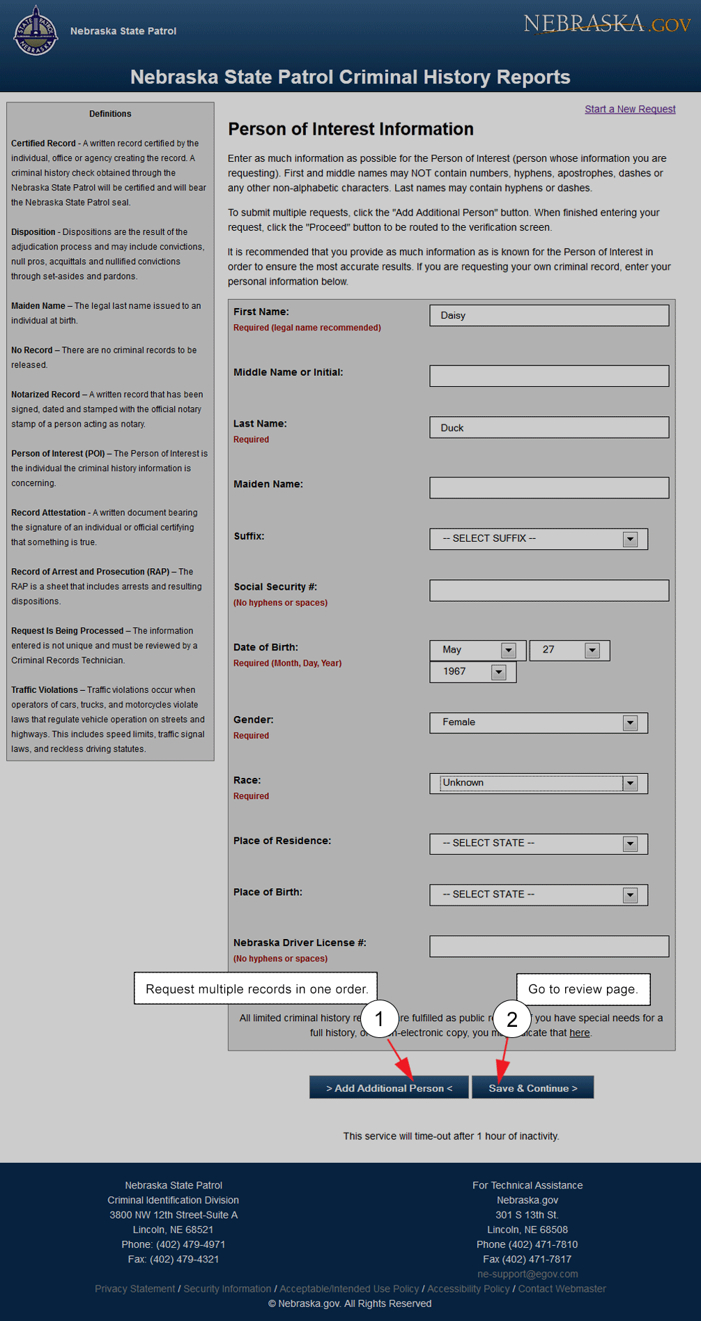 Screenshot of Person of Interest Page