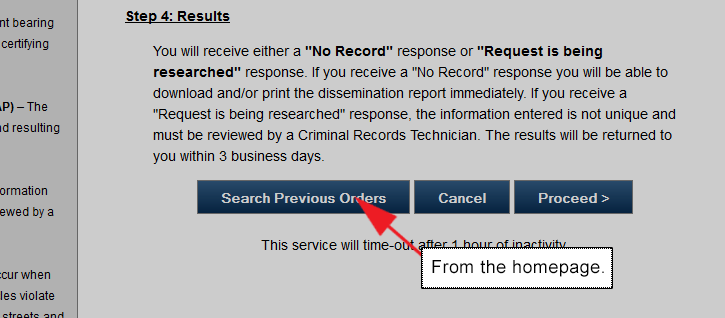 Screenshot of Login Screen with link to search previous orders