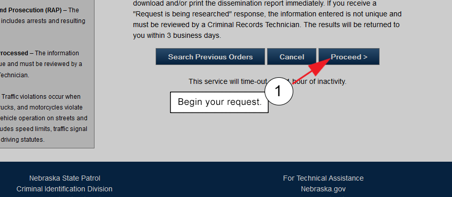 Screenshot of the begnning page of the Criminal History Request Service