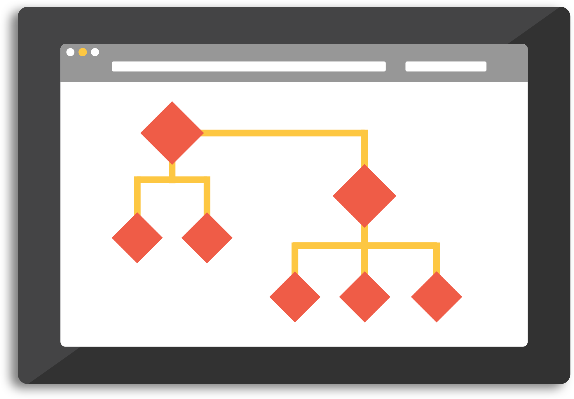 Lines on a screen connect floating diamonds to form a hierarchy demonstrating the unequal distribution of wealth in the United States today. This graphic also visually represents what a site map does.